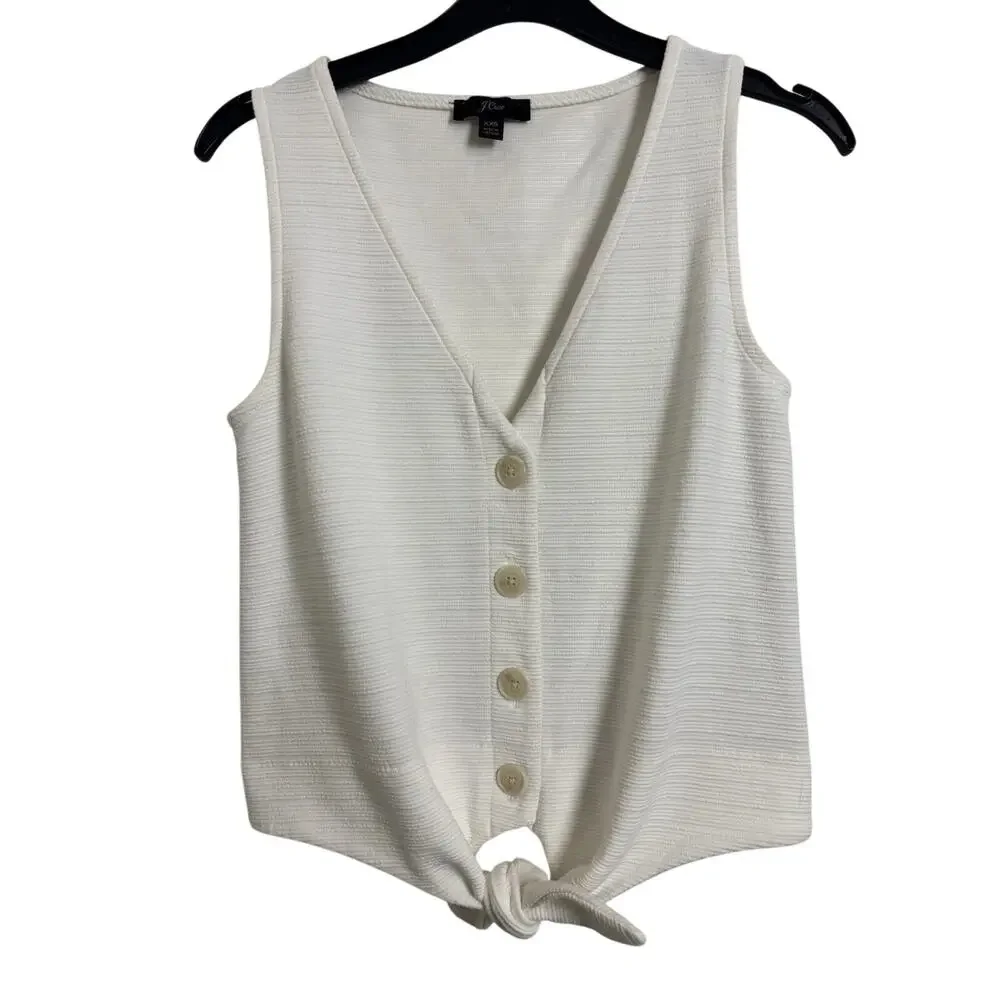 J Crew White Textured Tie Front Button Tank Top XXS Classic V-Neck Beach